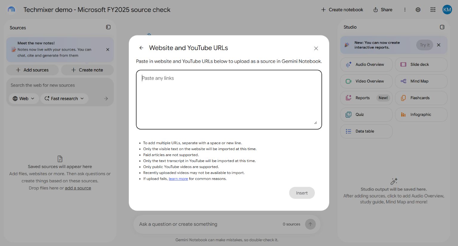 Gemini Notebook website import dialogue containing the official Microsoft FY2025 annual-report URL