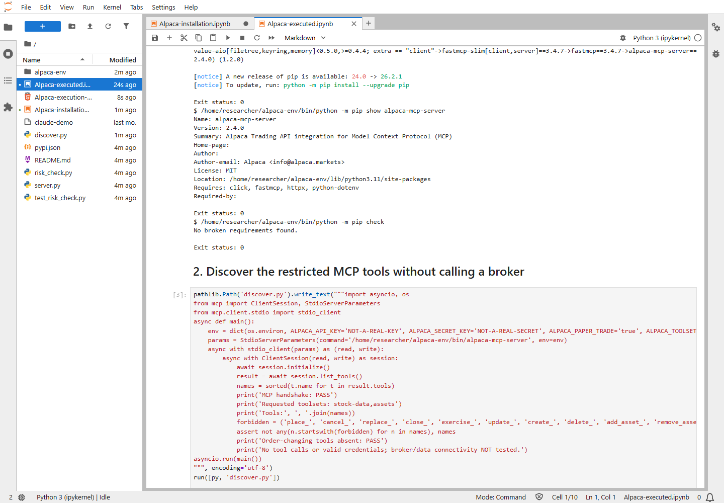 Actual Jupyter installation output showing Alpaca MCP 2.4.0 and a successful dependency check
