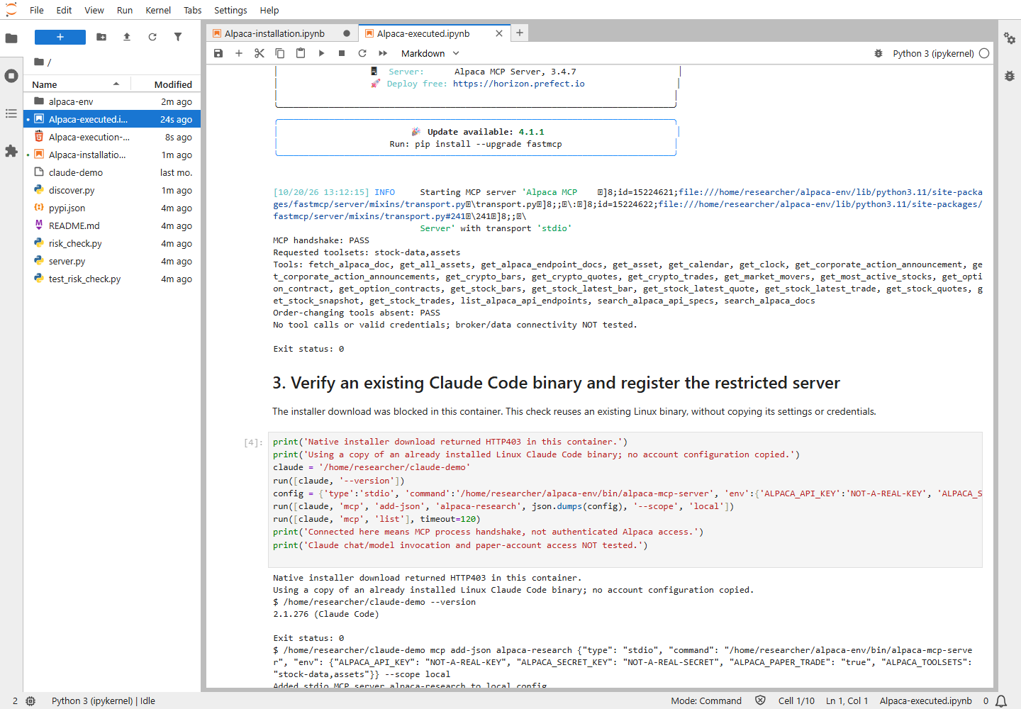 Actual MCP discovery output listing tools and confirming no order-changing methods were exposed