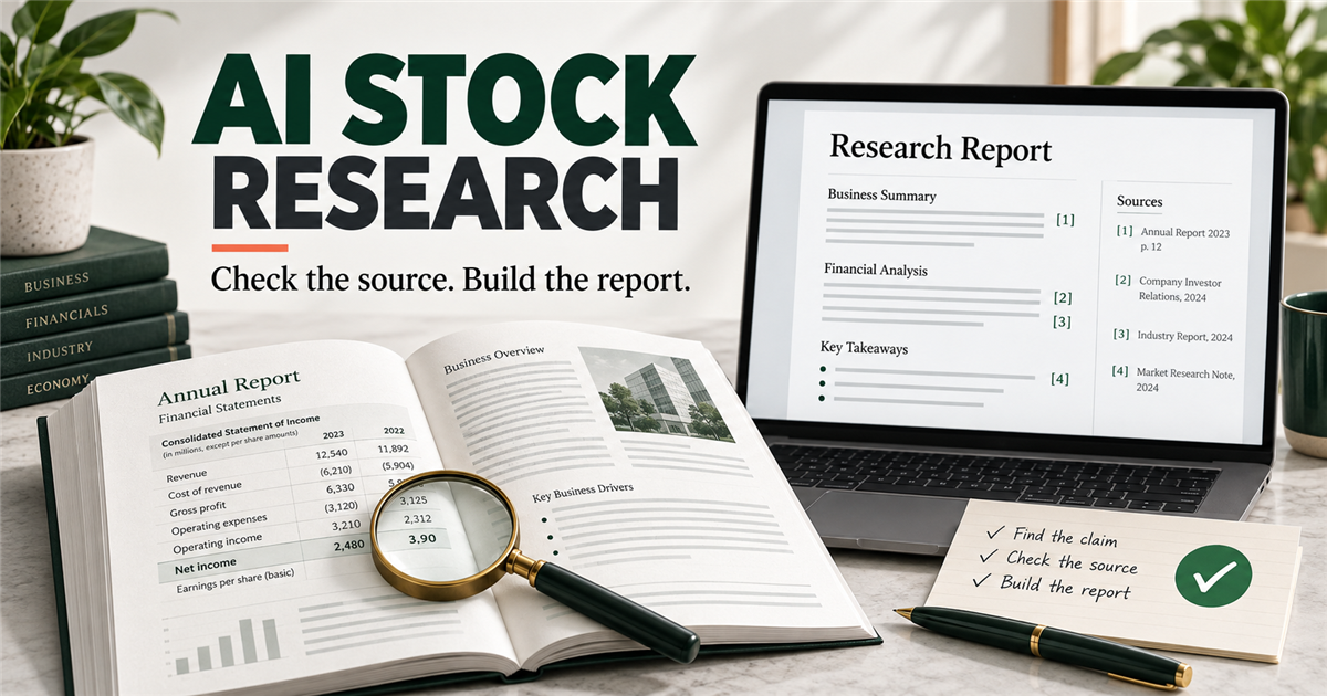 Research a stock with AI by checking an annual report and source references in a conceptual research workspace