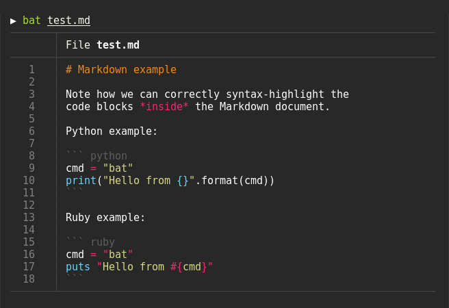 bat official terminal example showing syntax-highlighted text