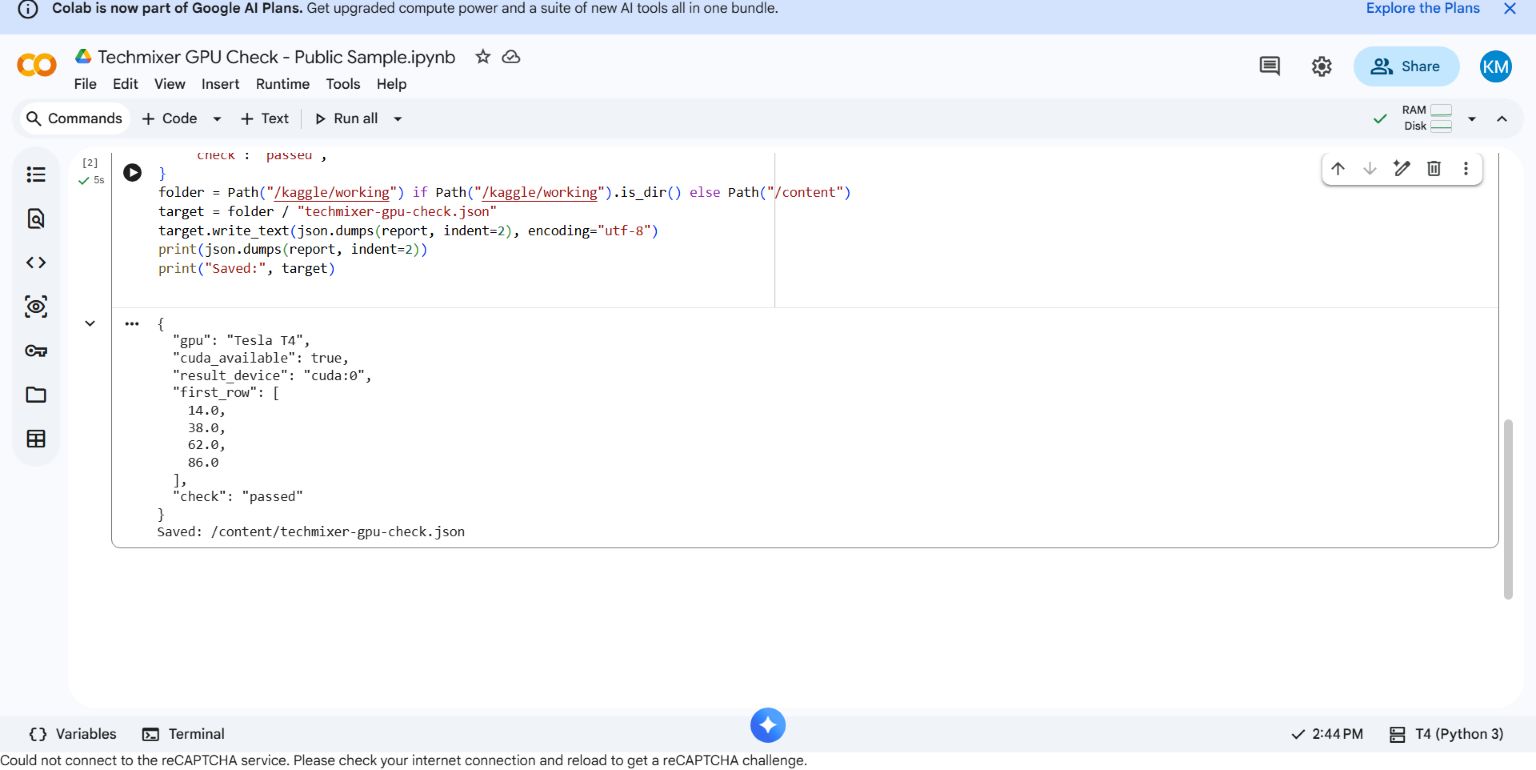 Real Colab Tesla T4 CUDA calculation returning passed and saving a JSON result