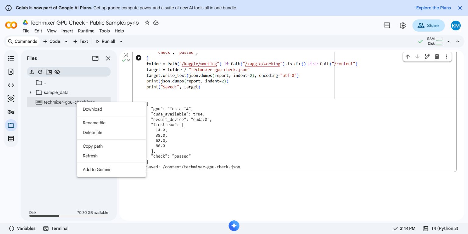 Google Colab Files menu showing Download for the generated GPU check JSON file