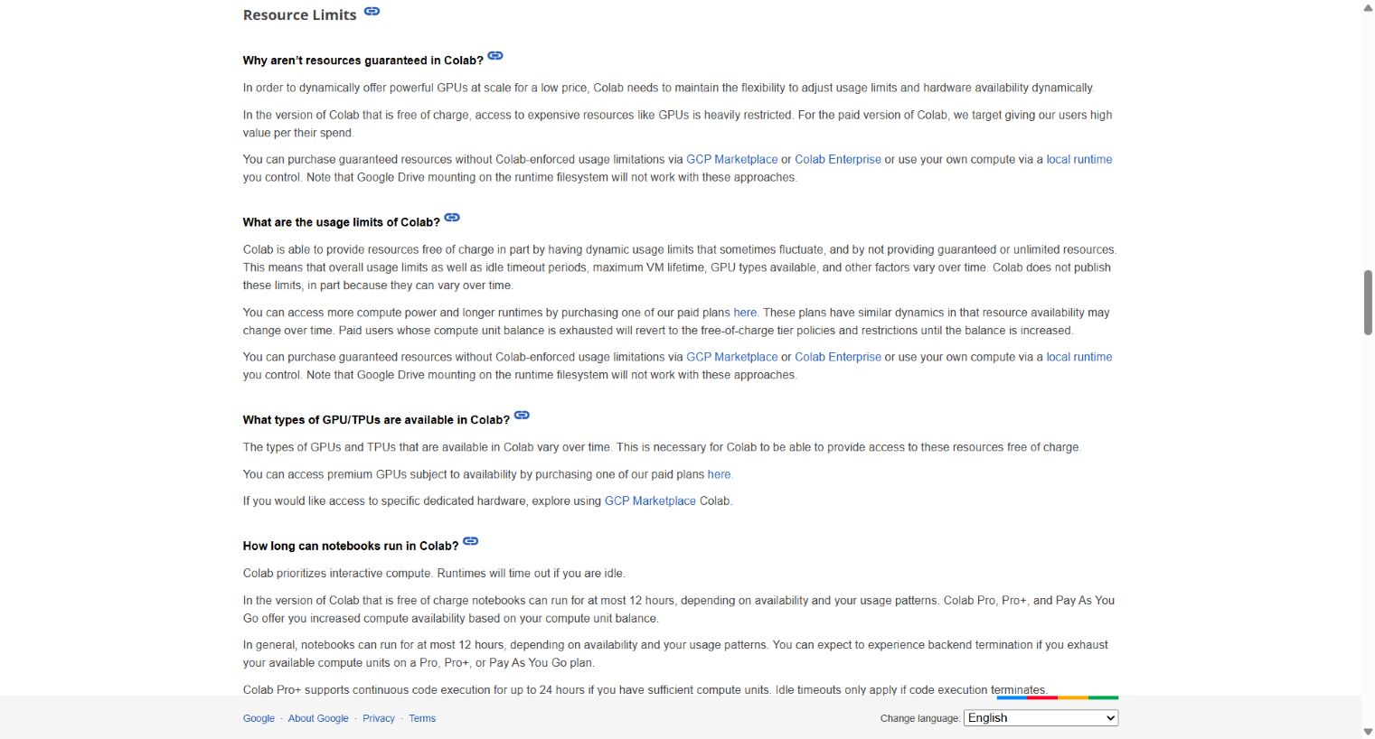 Official Google Colab FAQ showing variable GPU availability and notebook runtime limits