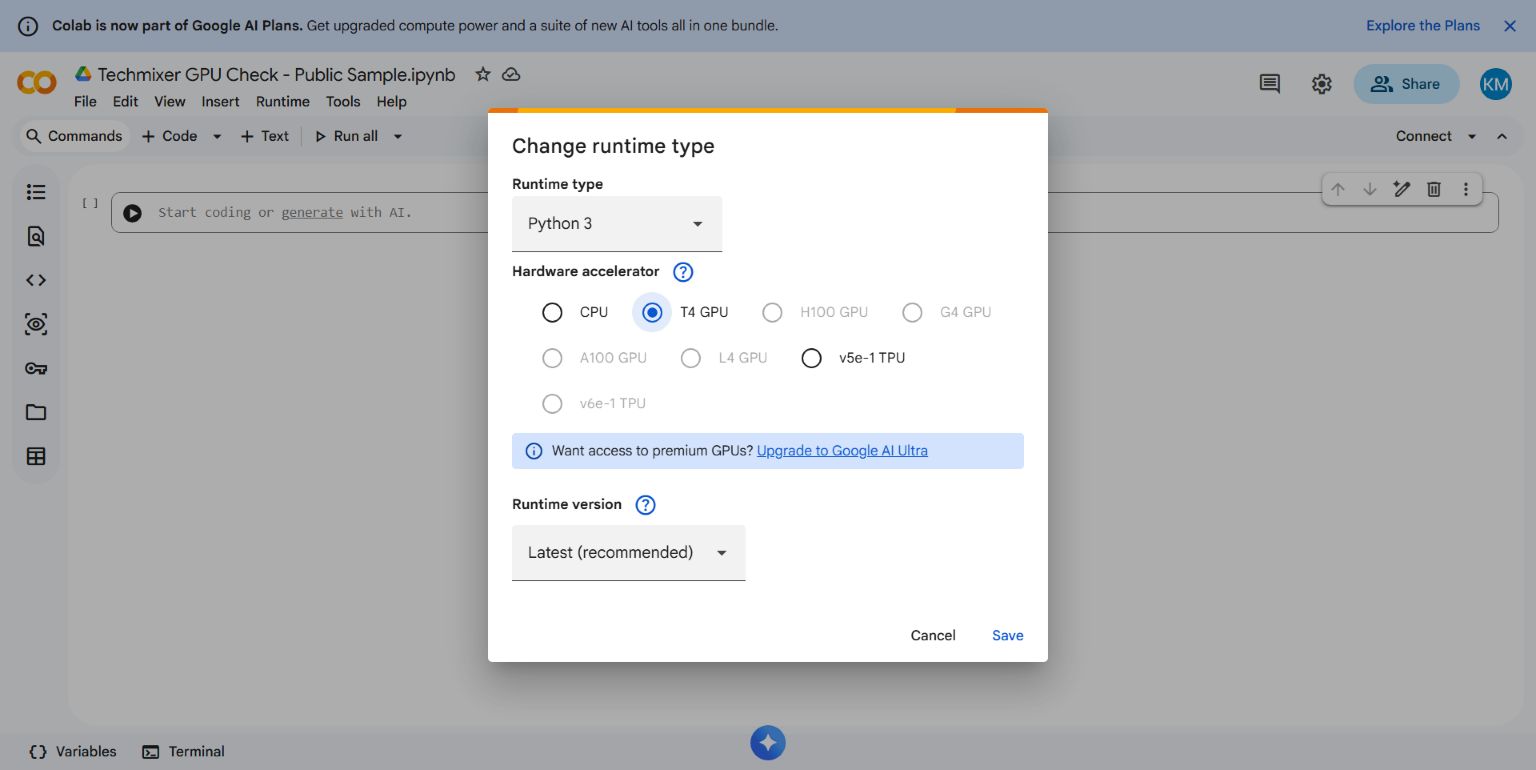 Google Colab Change runtime type dialog with T4 GPU selected