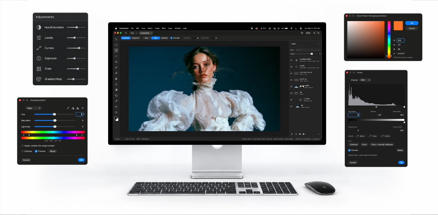 Compositor developer promotional image showing the Mac editing interface and adjustment panels