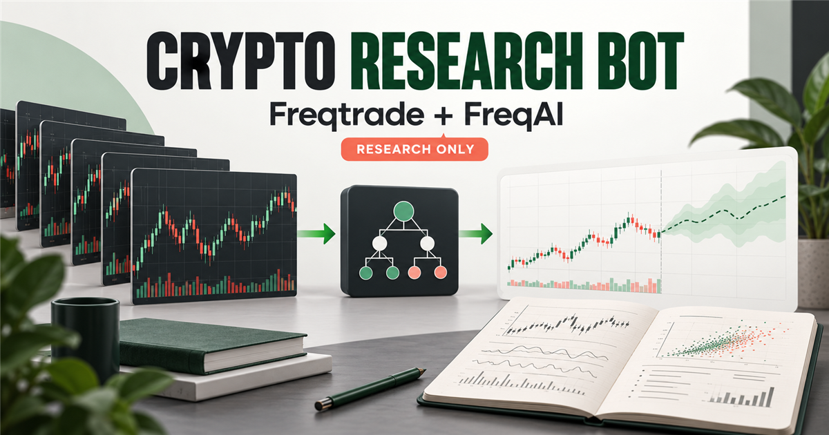 Crypto research bot illustration showing candle data passing through a tree model into a forecast notebook with Freqtrade and FreqAI