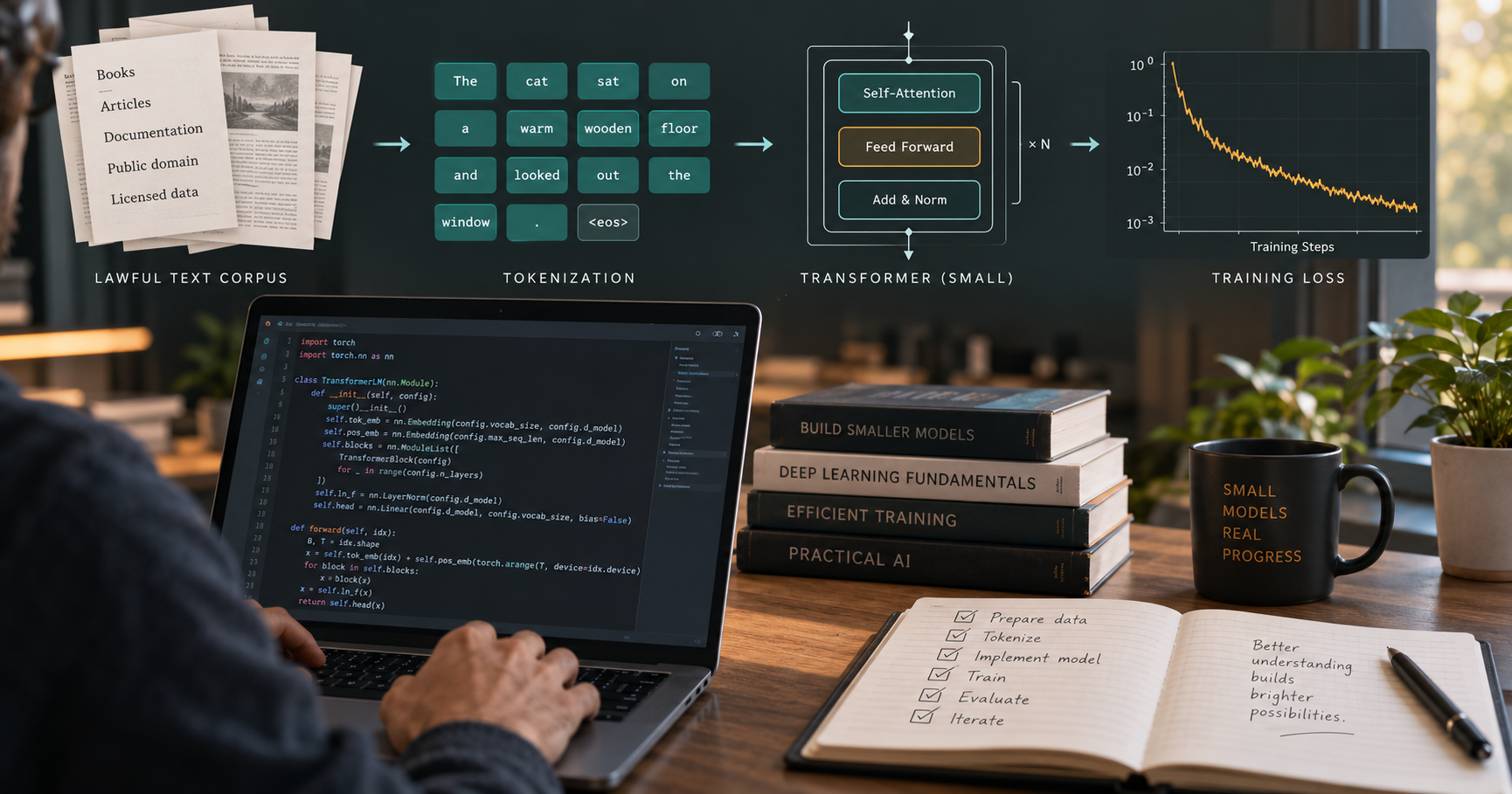 Train an LLM from scratch with PyTorch: training data, tokenization, and a small Transformer model
