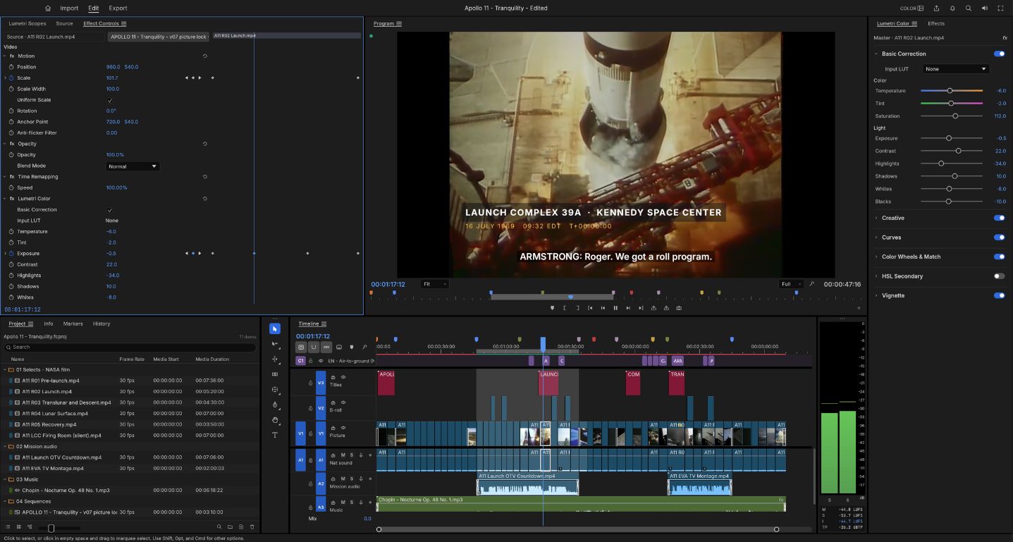 FilmCraft maintainer interface showing an Apollo 11 video timeline colour controls and audio tracks