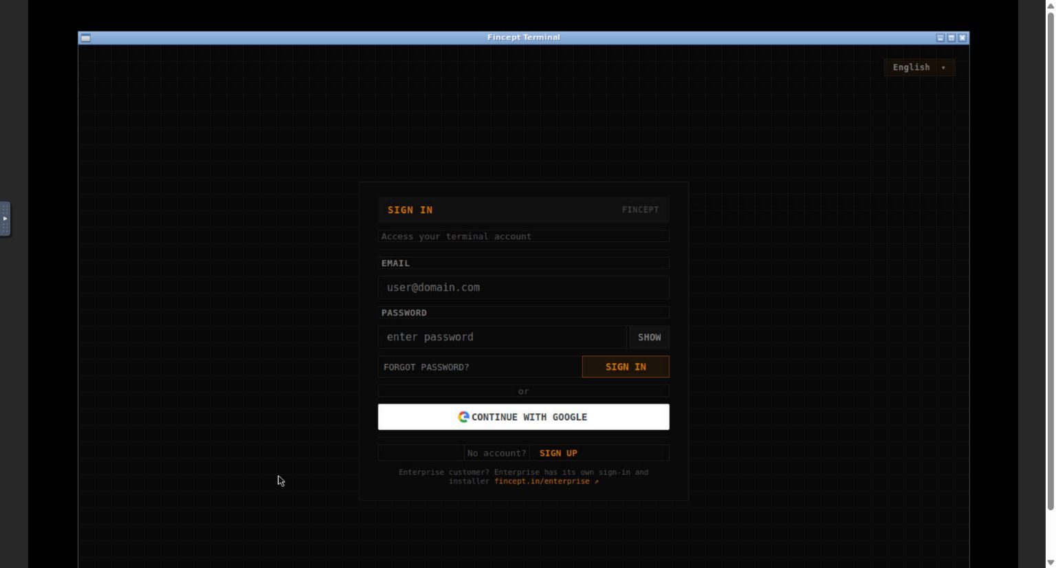 Actual Fincept v4.5.1 application sign-in screen after first-time setup with no guest option visible