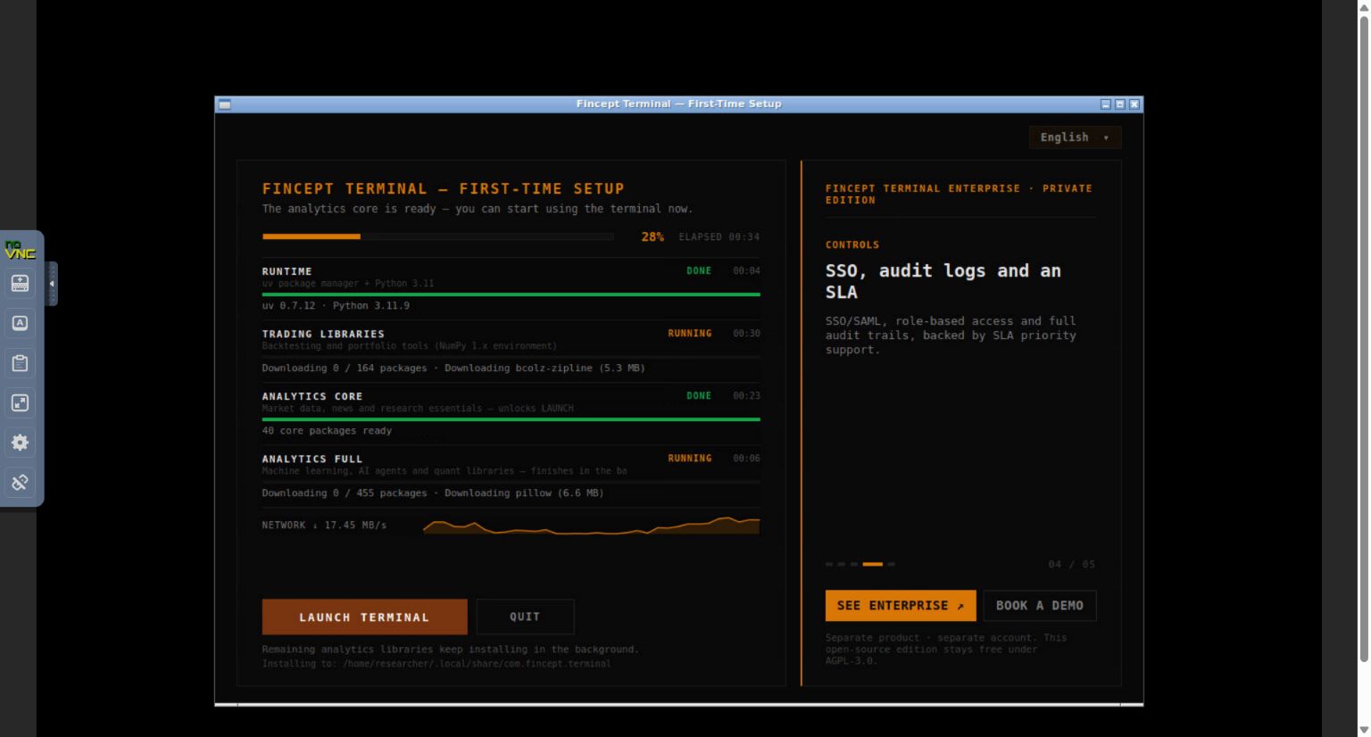 Actual Fincept Terminal v4.5.1 first-time setup with Python runtime and analytics core ready in a Linux test desktop