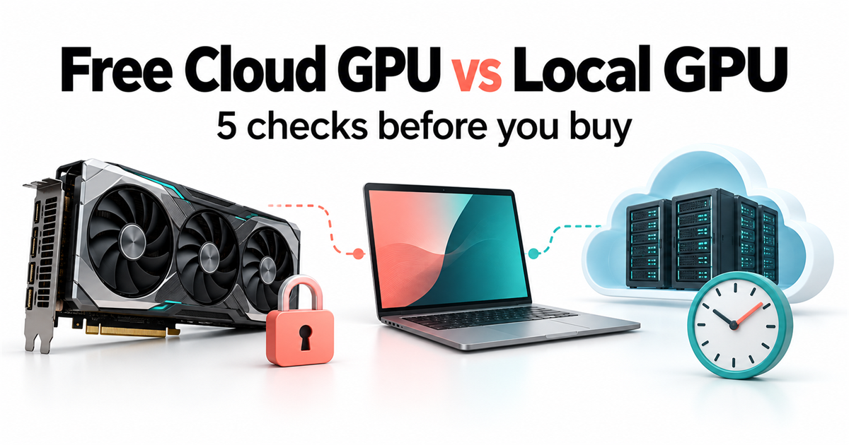 Free cloud GPU vs local GPU illustration comparing a desktop graphics card, laptop and remote GPU servers