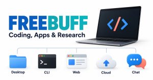 Freebuff coding agent illustration showing a laptop and five labelled products: Desktop, CLI, Web, Cloud and Chat