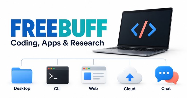 Freebuff coding agent illustration showing a laptop and five labelled products: Desktop, CLI, Web, Cloud and Chat