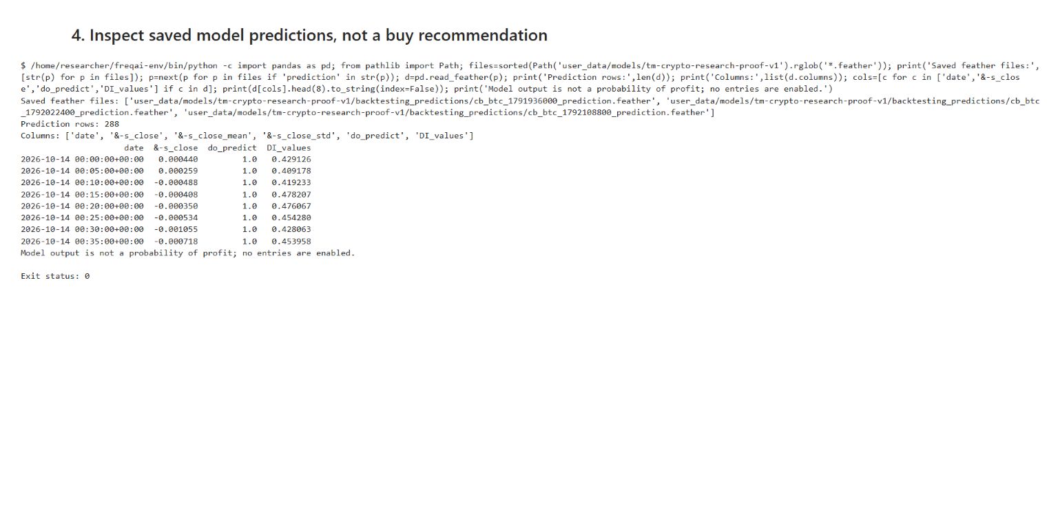 Actual FreqAI saved prediction rows showing target estimates, do_predict acceptance flags and DI values