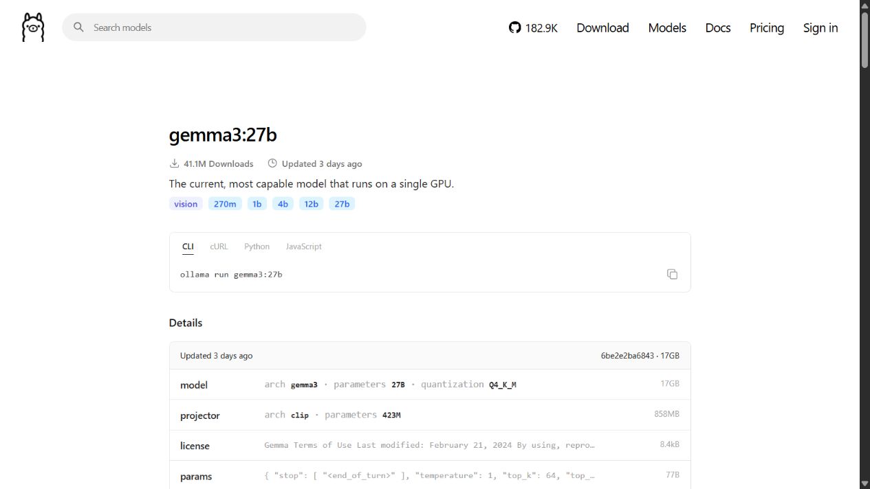 Official Gemma 3 27B Ollama listing showing Q4_K_M and approximately 17 GB model file