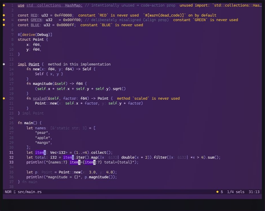 Helix terminal editor showing a Rust file, diagnostics and multiple highlighted selections