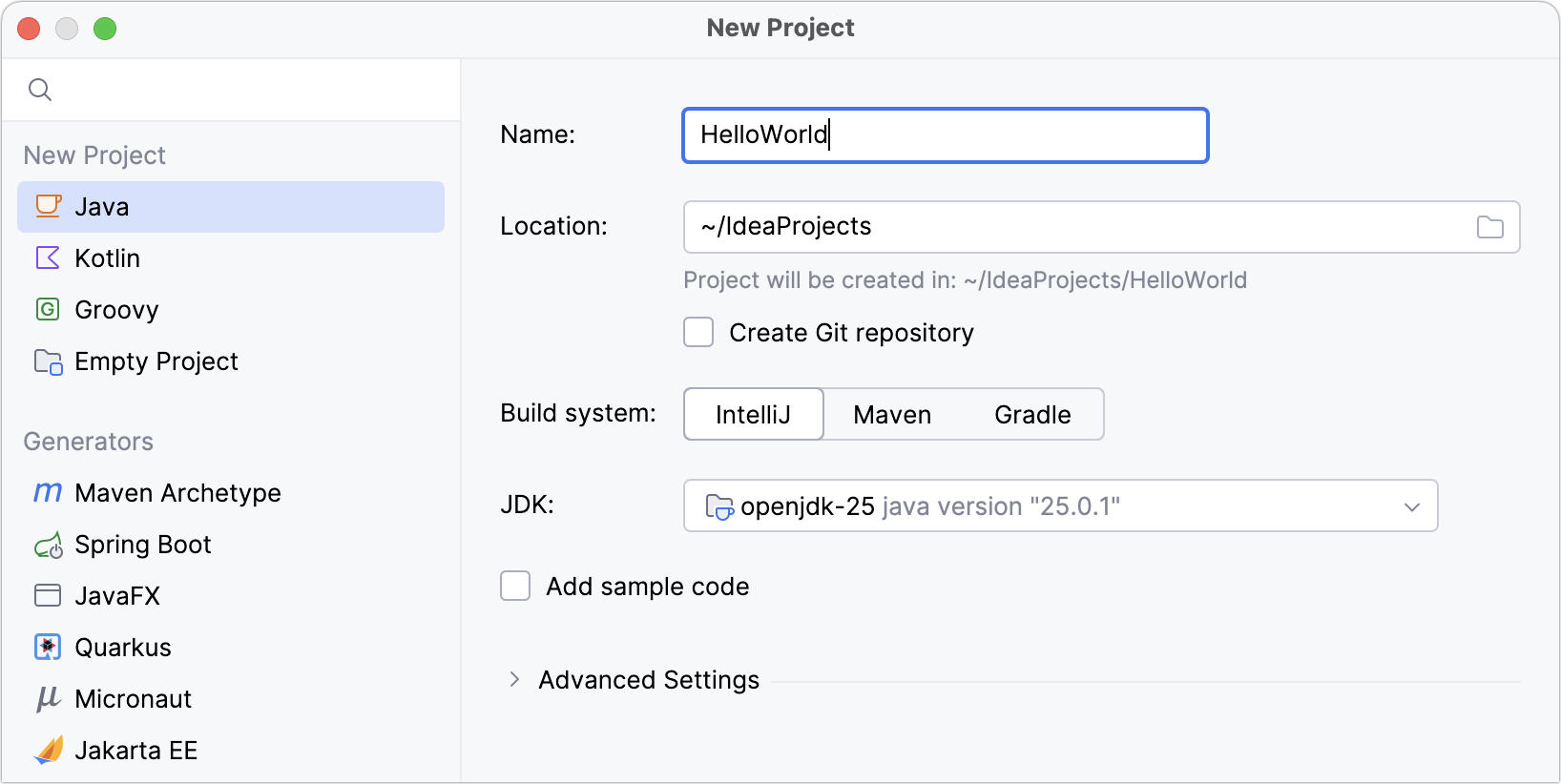 IntelliJ IDEA New Project wizard with Java, build system and JDK selection