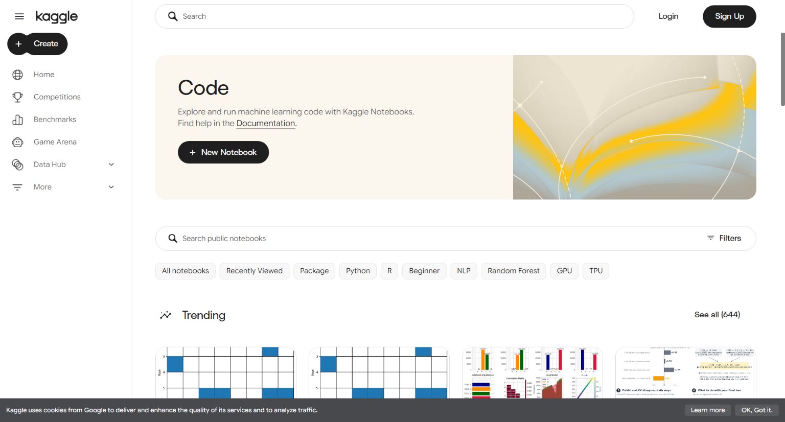 Kaggle Code page showing the New Notebook button before signing in