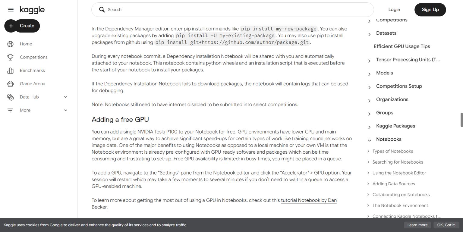 Kaggle official documentation explaining Settings and the GPU accelerator option