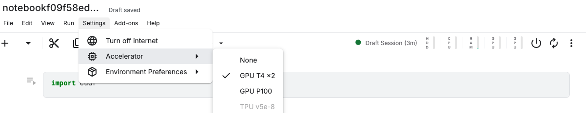 Kaggle Settings accelerator menu with GPU T4 x2 available in the official example