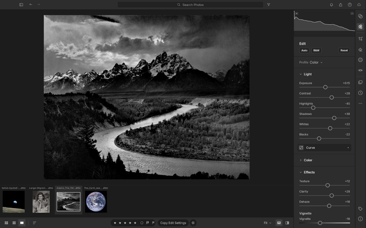 LightCraft maintainer interface with exposure sliders histogram and an Ansel Adams landscape photograph
