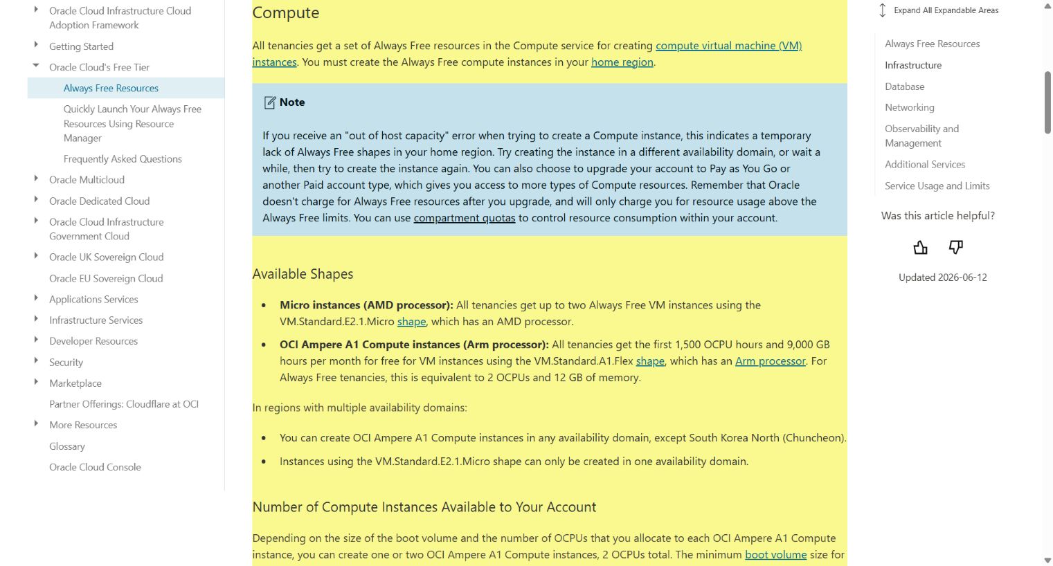 Oracle documentation showing Always Free A1 allowance equivalent to 2 OCPUs and 12GB of memory