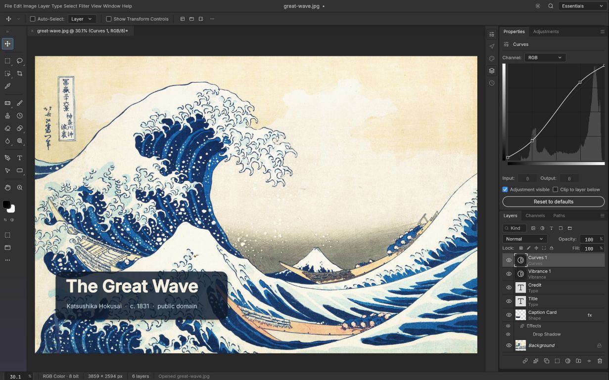 PhotoCraft maintainer interface showing The Great Wave image with Curves adjustment and editable type layers