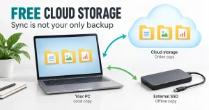 Free online storage and backup tools illustrated as laptop, cloud and disconnected external SSD copies