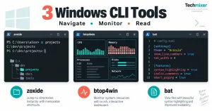 Windows CLI tools illustration showing zoxide folder navigation, btop4win monitoring and bat text viewing