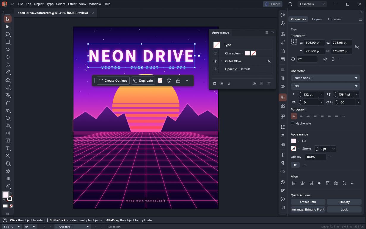 VectorCraft maintainer interface editing the Neon Drive poster with type and appearance panels