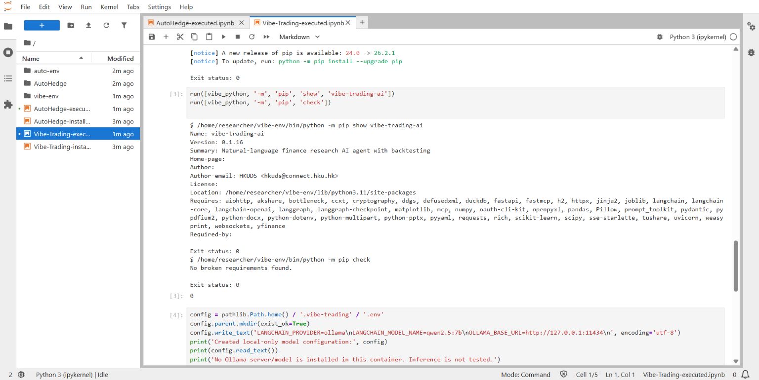 Real Vibe-Trading 0.1.16 package installation and dependency check in a Linux Python 3.11 lab