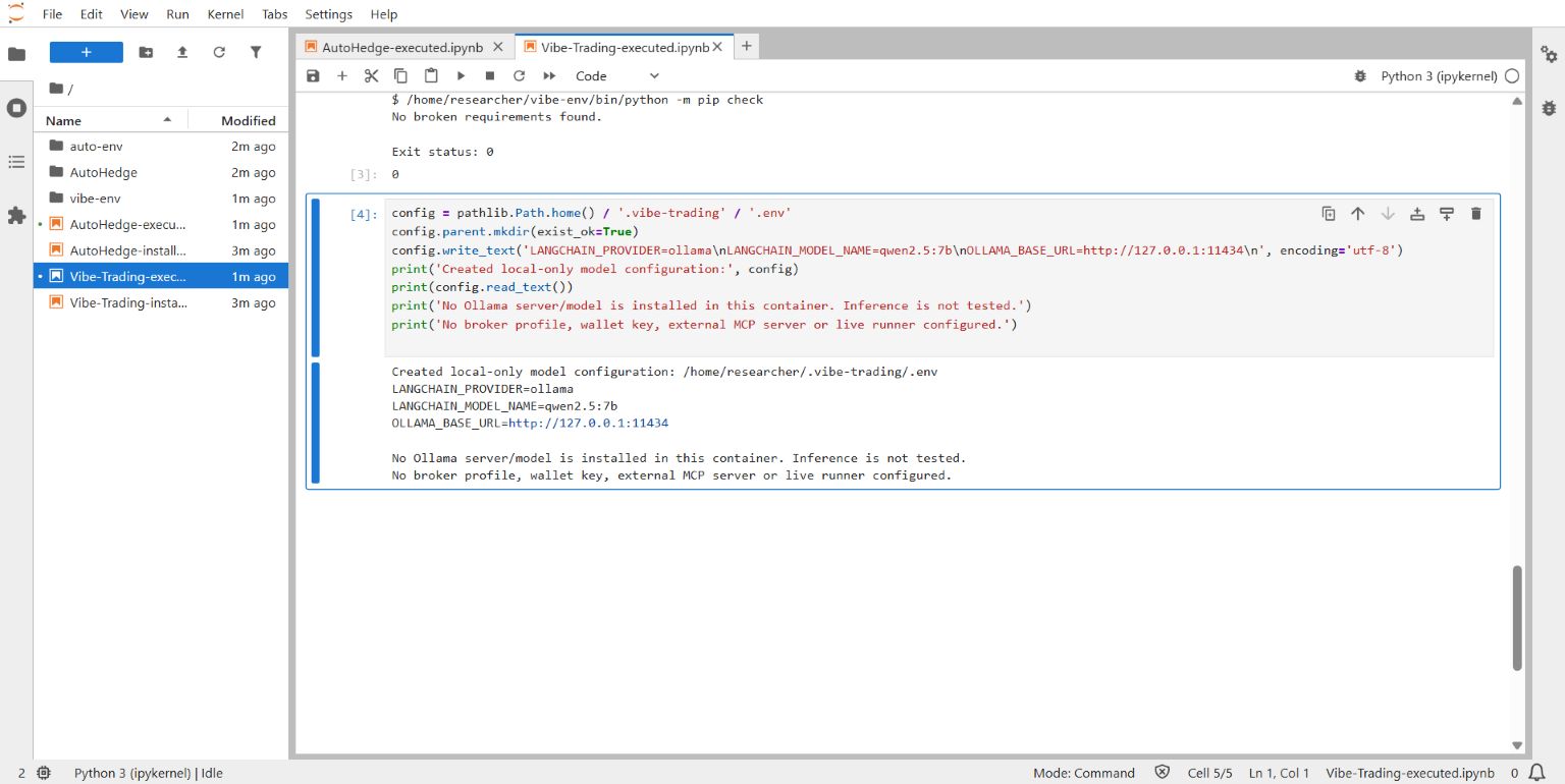 Vibe-Trading local Ollama configuration created in the lab with no API keys or broker profiles