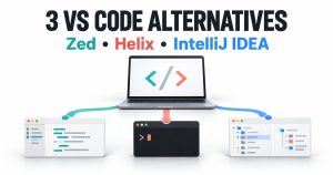 VS Code alternatives illustration showing a laptop connected to graphical editing, terminal and project-tree symbols for Zed, Helix and IntelliJ IDEA