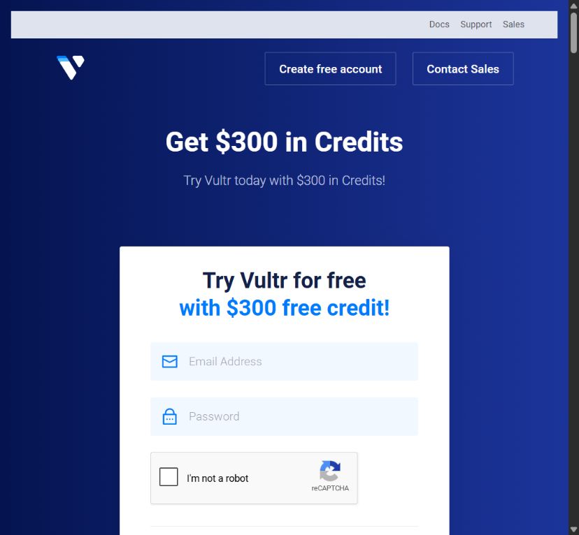 Vultr official $300 promotional credit registration page for a Vultr free VPS trial