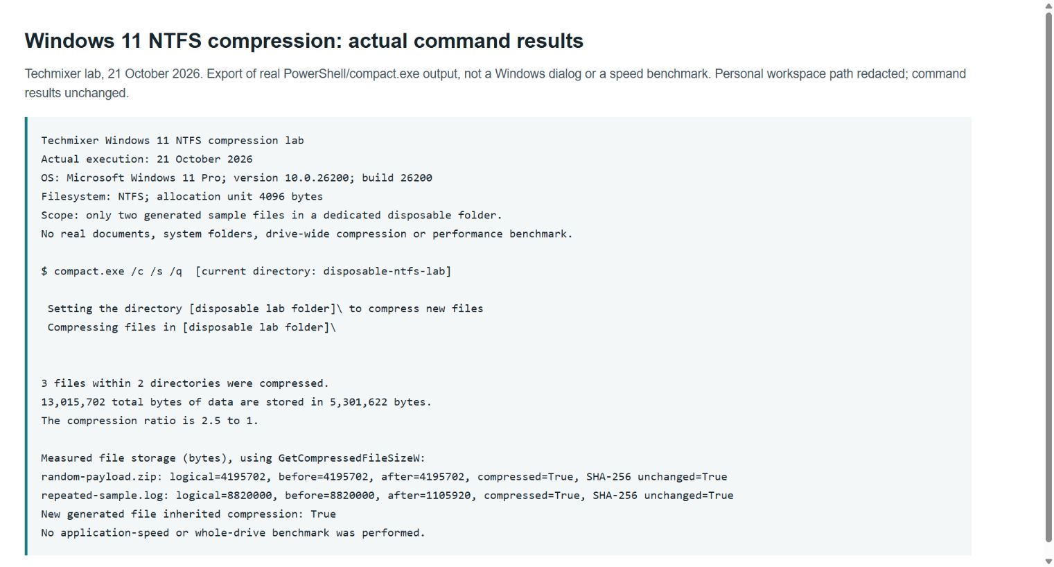 Actual Windows 11 compact command results comparing a generated text file with a ZIP archive