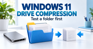 Windows 11 drive compression illustration showing a blue document folder, an SSD and a smaller stack of files between compression arrows